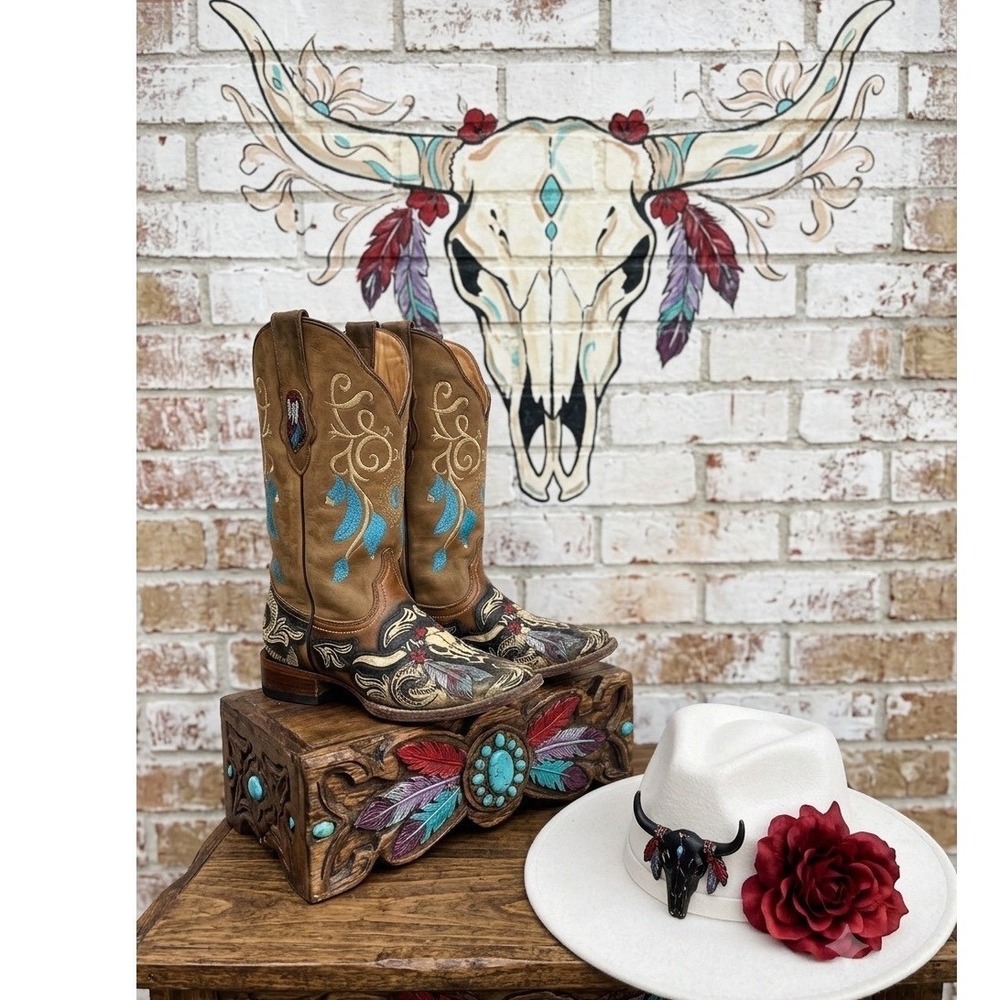 Boho Western Skull Boots Embroidered Floral Cowgirl Festival Whimsigoth Women's